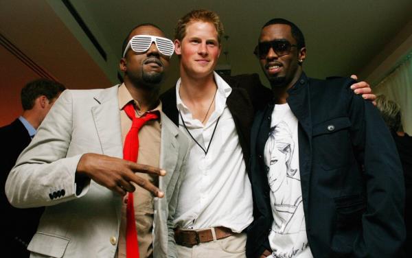 Kanye West, Prince Harry, and P Diddy posing together at a 2007 concert in memory of Princess Diana at Wembley Arena