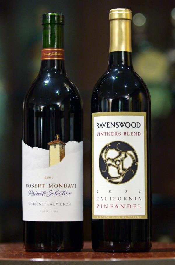 Two bottles of Constellation Brands wine displayed on a table in the corporate office.